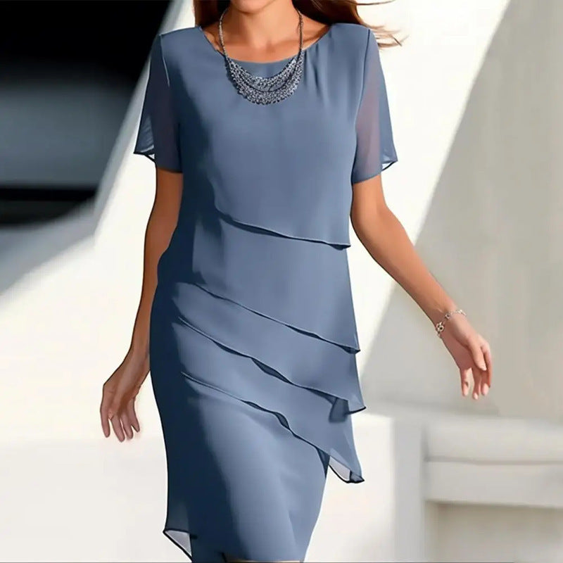 Summer fitted chiffon round neck short-sleeved dress